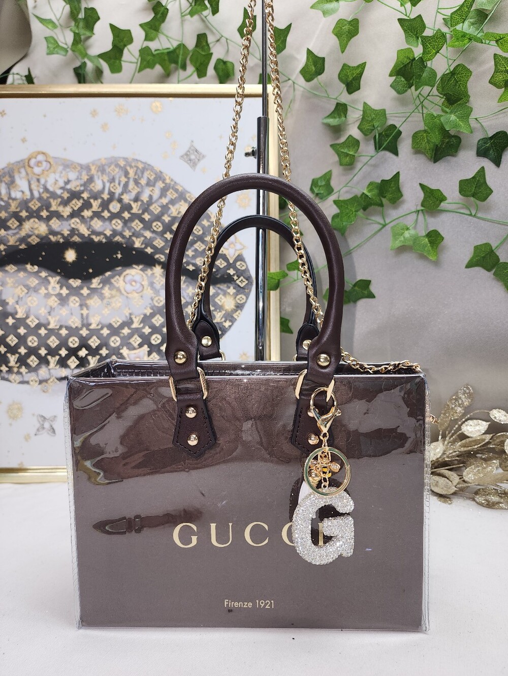 Authentic Gucci Shopping Bag In PVC Tote W/ Real Leather Handles